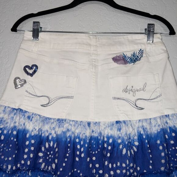 NWT Desigual White & Blue Tie Dye Denim Lace Mini Skirt Size 4 - Picture 8 of 11